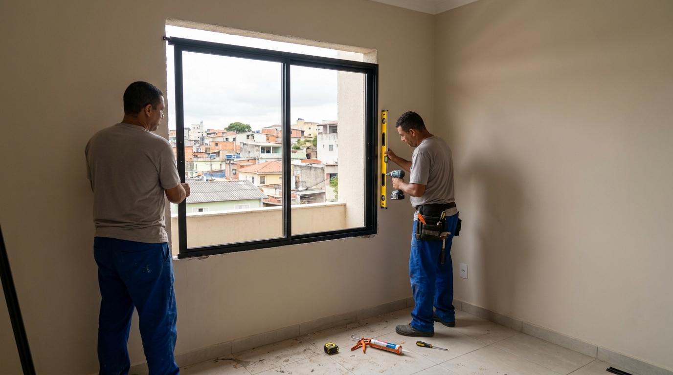 Esquadria de alumínio em quarto bege em Palmas-TO