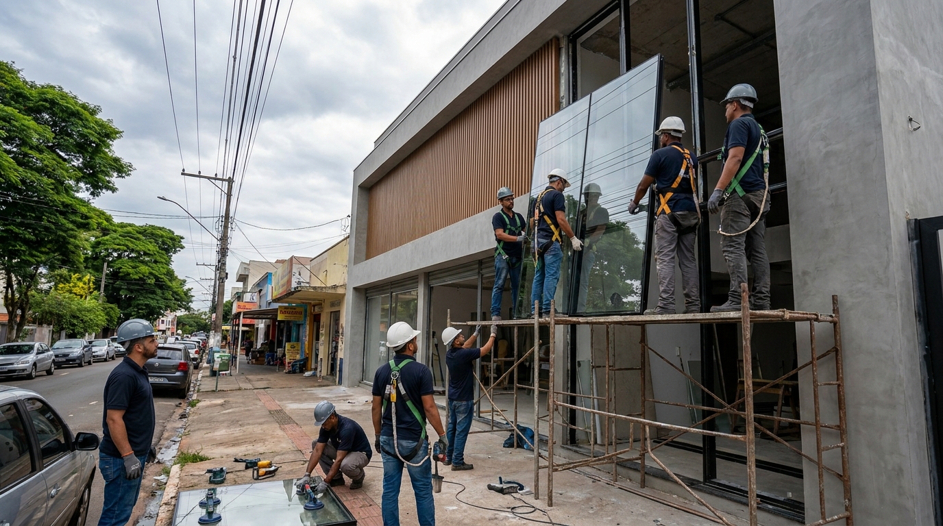 Fachada de vidro com andaime lateral em Palmas-TO