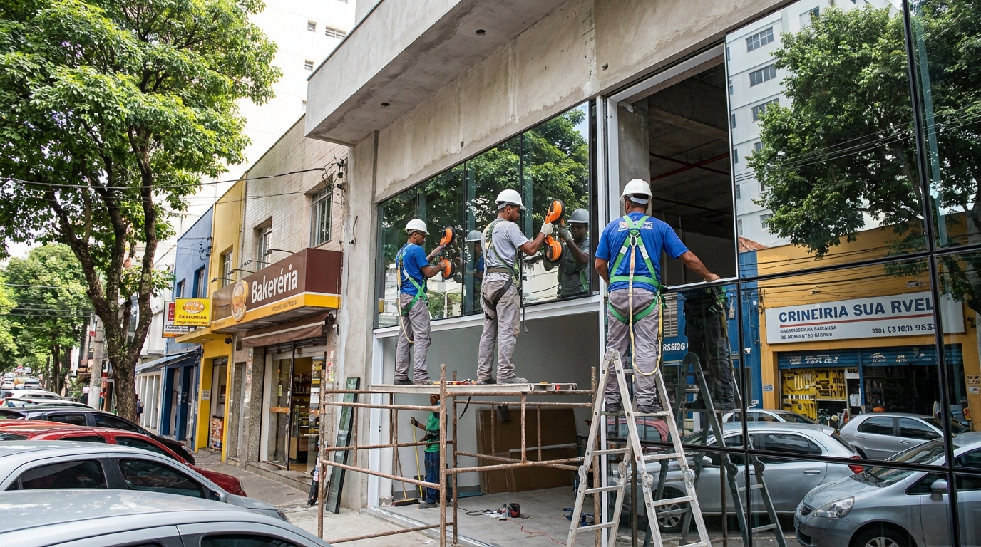 Fachada de vidro com confeitaria vizinha em Palmas-TO