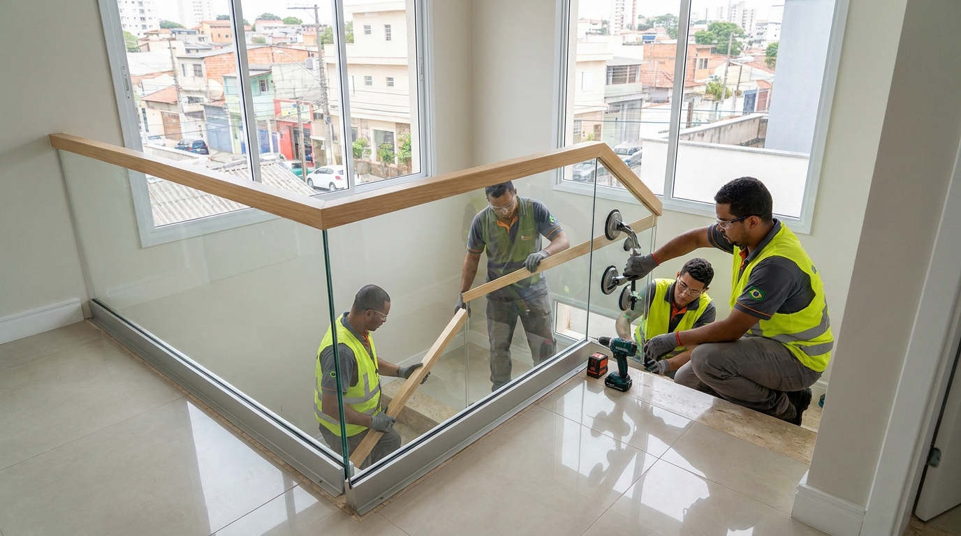 Mezanino interno com guarda-corpo de vidro em Palmas-TO