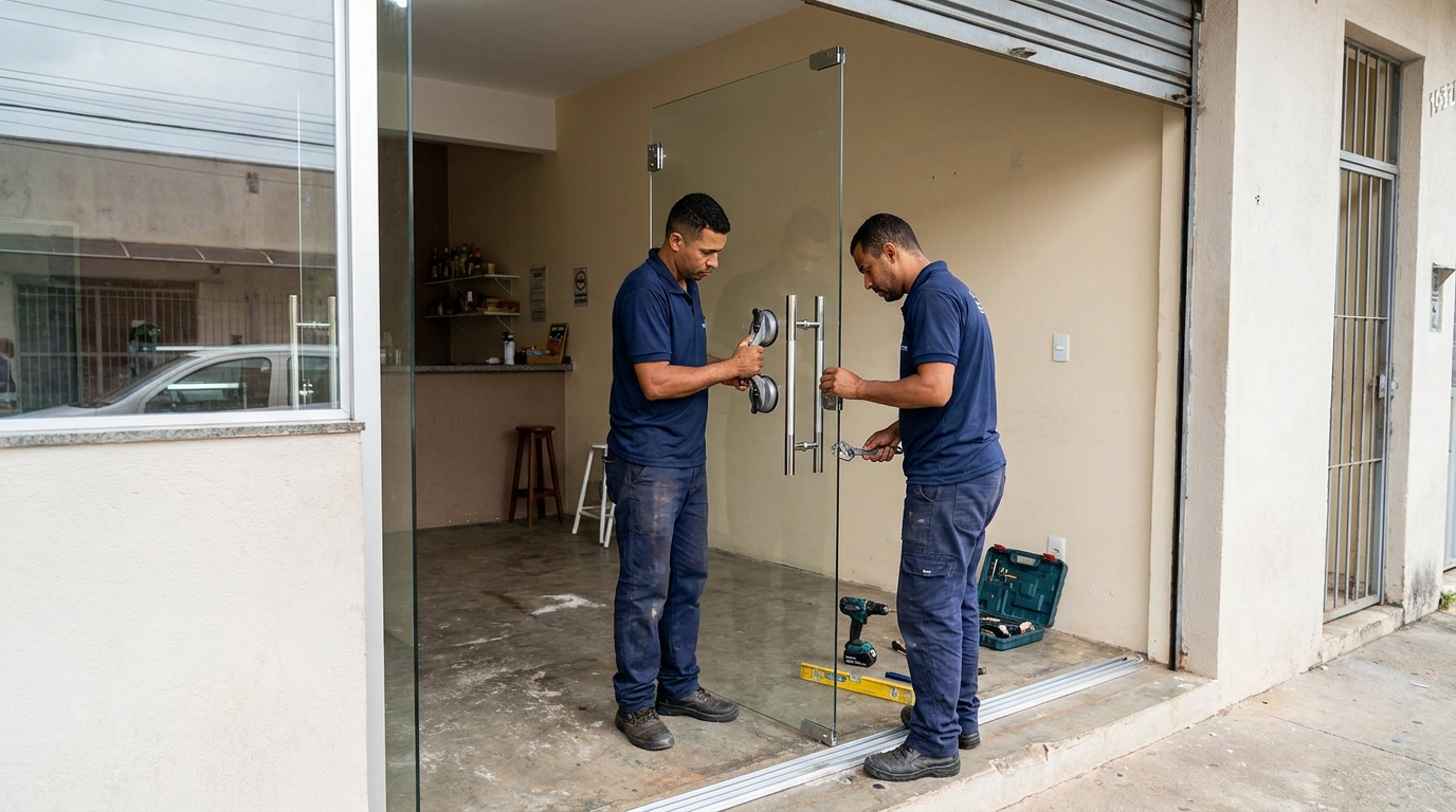 Dupla instalando porta de vidro em loja em Palmas-TO